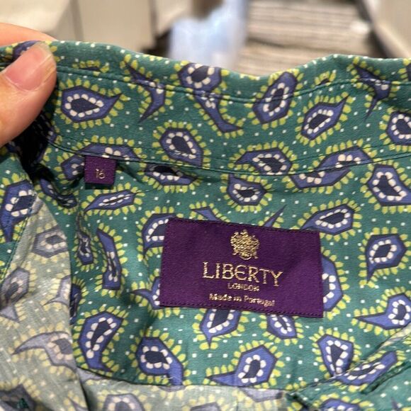 Liberty of London Green Paisley Geo Print Short Sleeve Button Down Tee Size 16 - Picture 3 of 6